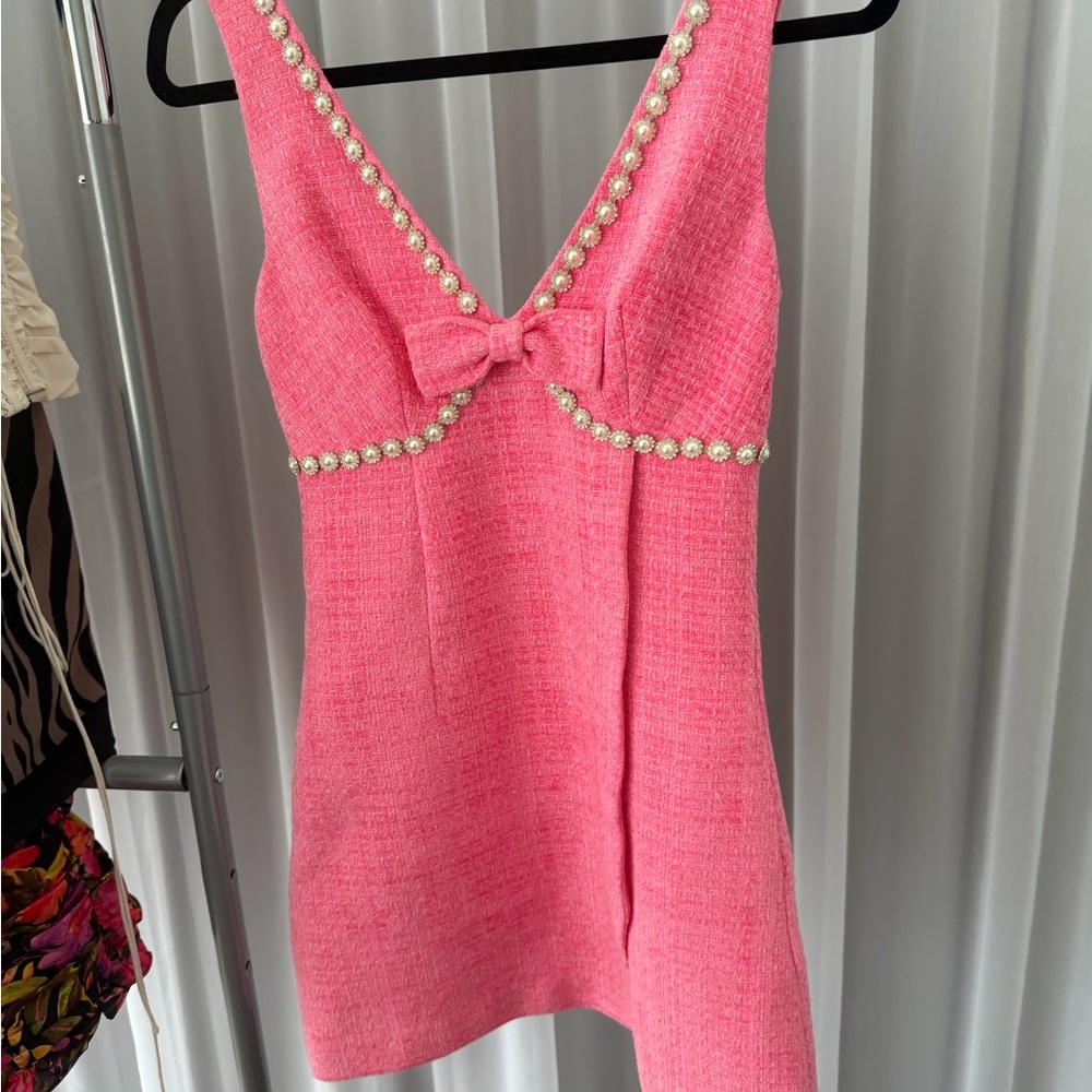 Self Portrait Pink Tweed Sleeveless Dress with Pearl Accents